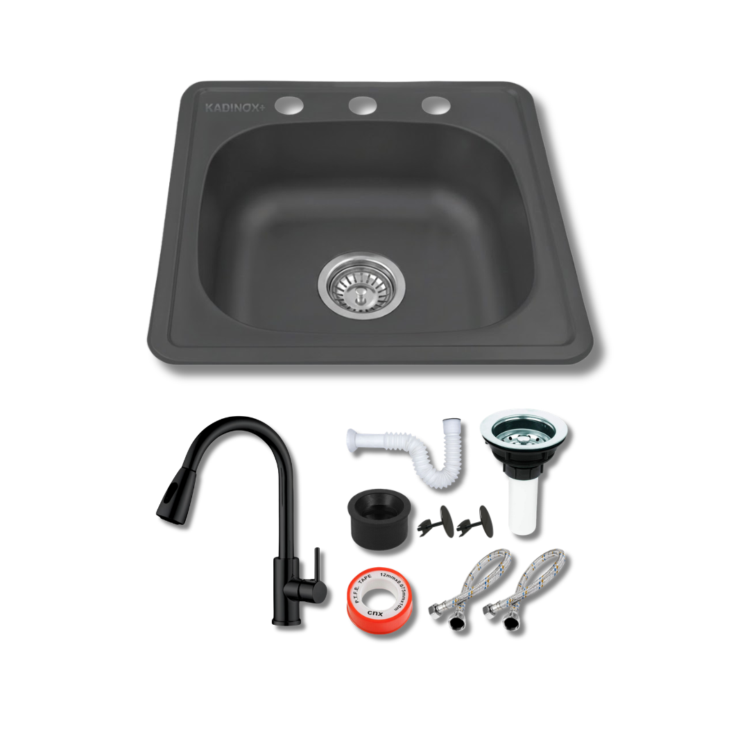 Tarja de Empotrar 48x48 cm Color Negro Oxford con Mezcladora Premium Negra y Kit de Instalación | KADINOX