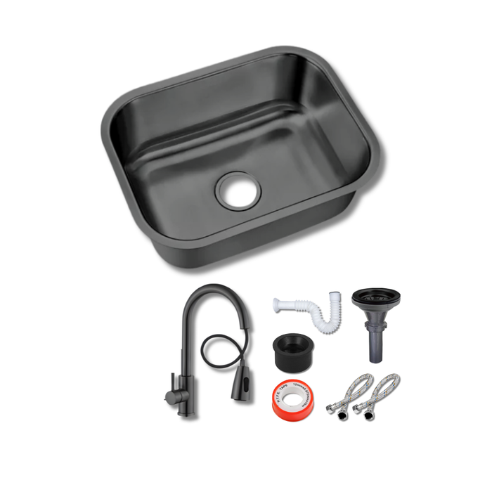 Fregadero Tarja para Cocina Una Tina Submontar o Sobreponer de Acero Inoxidable Color Negro 59x45 cm con Kit y Mezcladora Premium Negra | KADINOX