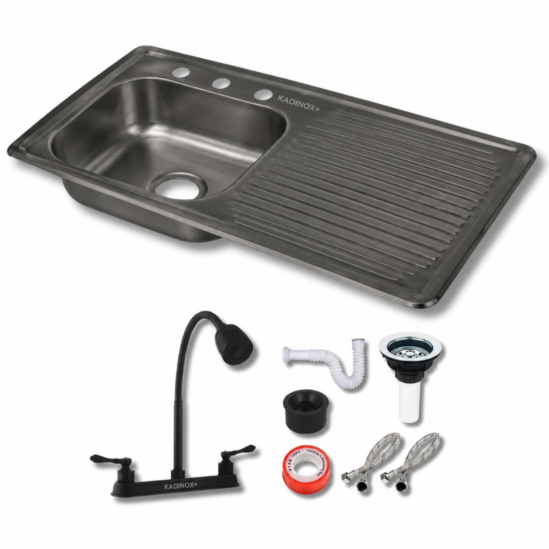 Tarja Fregadero de Cocina para Empotrar 100x50 cm Color Negro Oxford Calibre 22 con Escurridor, Mezcladora Flexible y Kit de Instalación | KADINOX