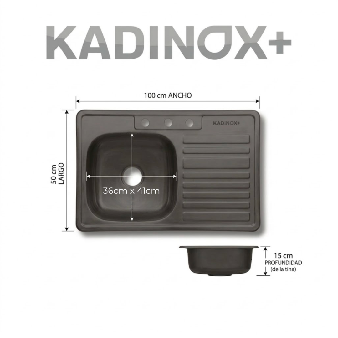 Tarja Fregadero de Cocina para Empotrar 100x50 cm Color Negro Oxford Calibre 22 con Escurridor, Mezcladora Flexible y Kit de Instalación | KADINOX