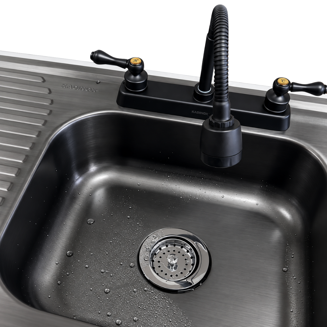 Tarja Fregadero de Cocina para Empotrar 100x50 cm Color Negro Oxford Calibre 22 con Escurridor, Mezcladora Flexible y Kit de Instalación | KADINOX