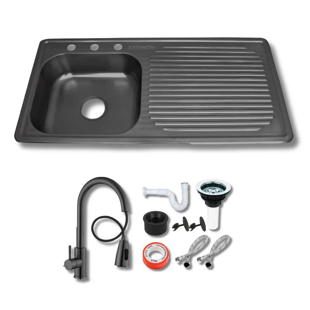 Tarja de Empotrar 100x50 cm Color Negro Oxford Calibre 22 con Escurridor, Mezcladora Premium Negra y Kit de Instalación | KADINOX
