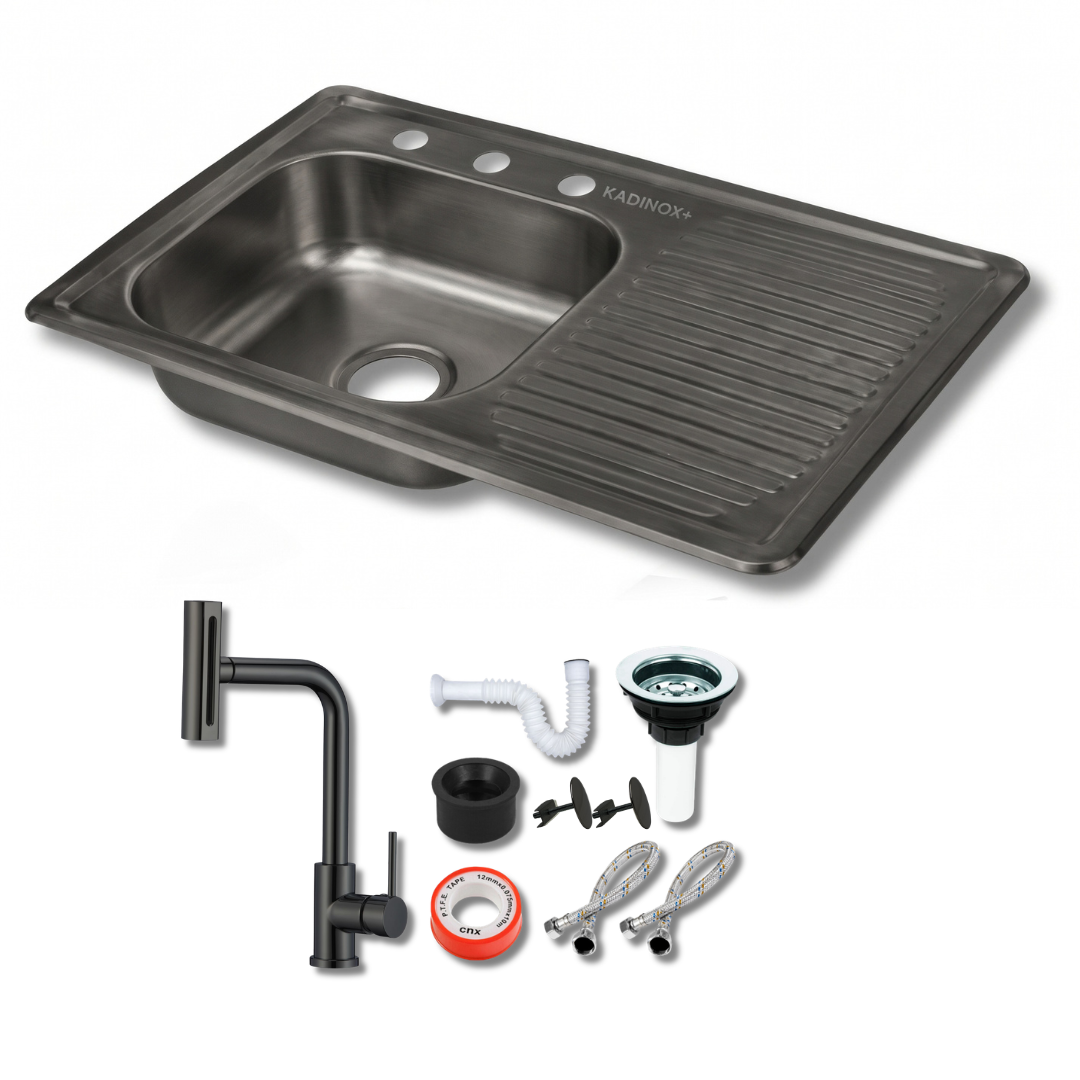Tarja de Empotrar 80x50 cm Color Negro Oxford con Escurridor, Mezcladora Profesional 4 Funciones y Kit de Instalación | KADINOX