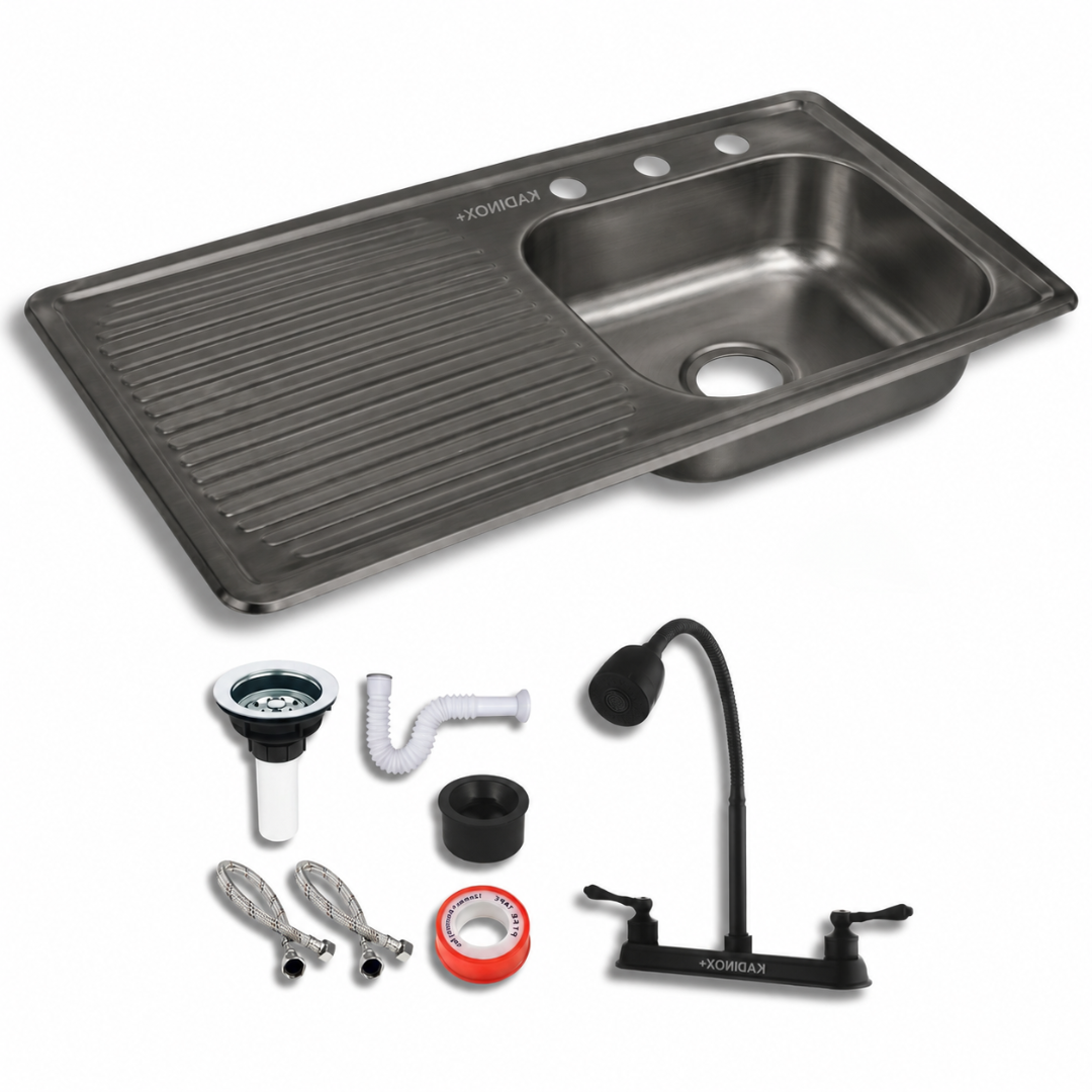 Tarja Fregadero de Cocina para Empotrar 100x50 cm Color Negro Oxford Calibre 22 con Escurridor, Mezcladora Flexible y Kit de Instalación | KADINOX