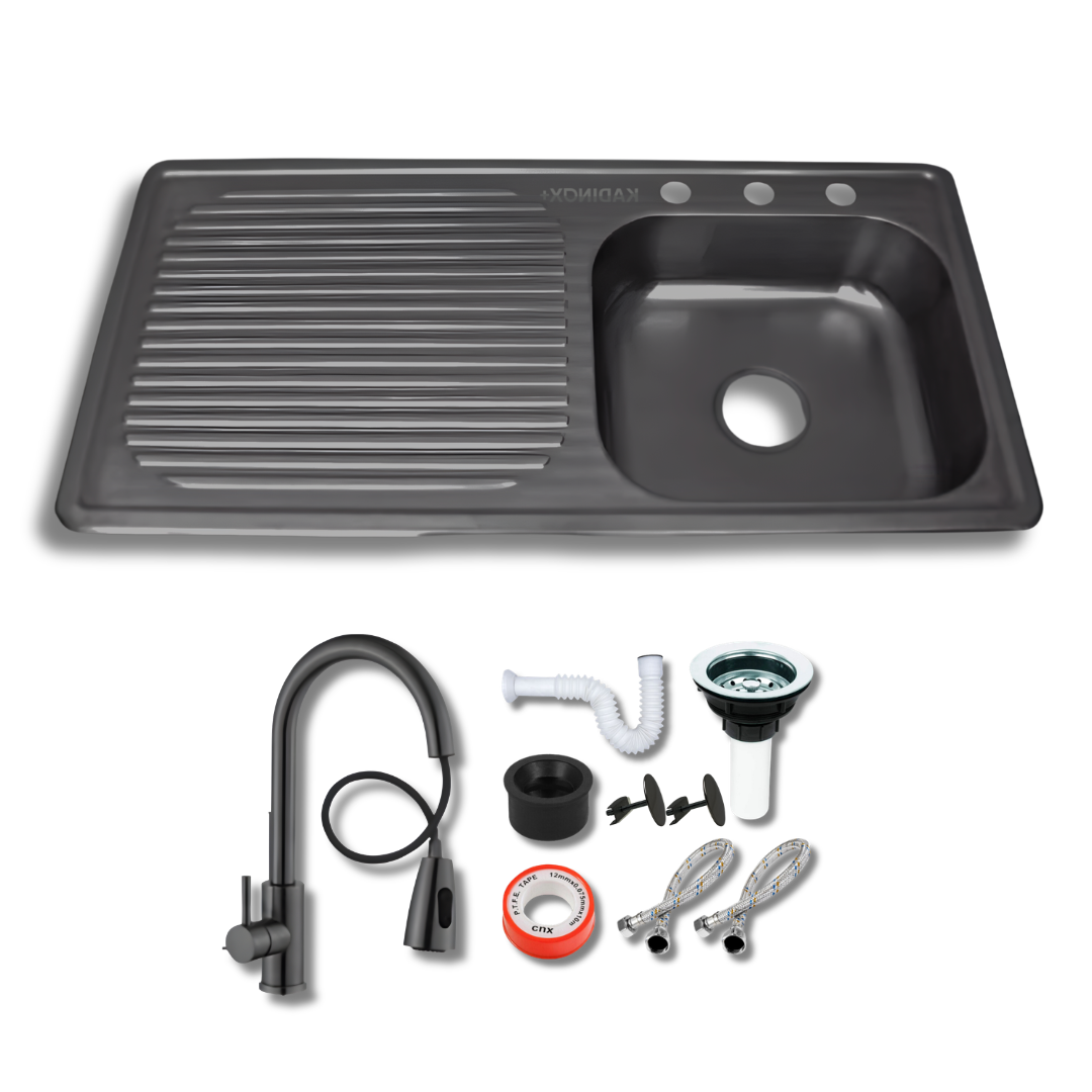 Tarja de Empotrar 100x50 cm Color Negro Oxford Calibre 22 con Escurridor, Mezcladora Premium Negra y Kit de Instalación | KADINOX