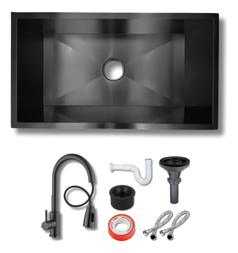 Tarja Una Tina Grande Cuadrada Acero Inoxidable Lujo Con Kit Negro