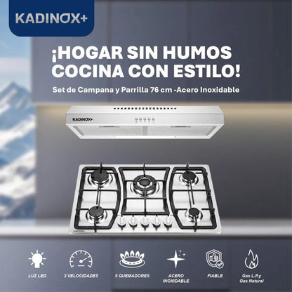Combo Estufa de Gas 5 Quemadores + Campana Extractora de Cocina 76 cm de Acero Inoxidable | KADINOX - KADINOX