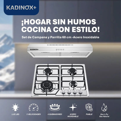 Combo Estufa Parrilla de Gas 4 Quemadores + Campana Extractora de Cocina 60 cm de Acero Inoxidable | KADINOX - KADINOX