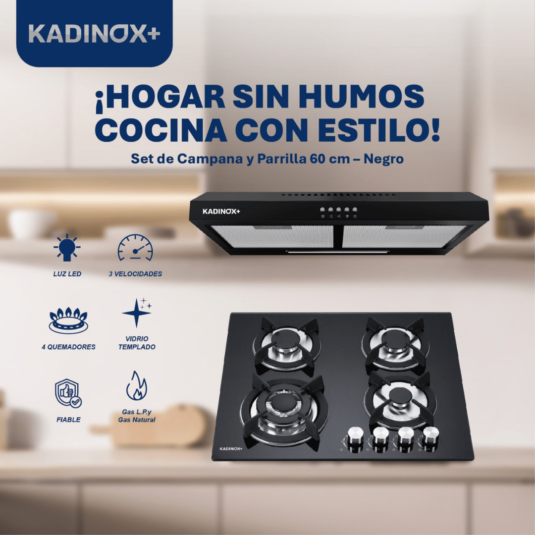 Combo Estufa Parrilla de Gas 4 Quemadores + Campana Extractora de Cocina 60 cm de Acero Inoxidable Negro | KADINOX - KADINOX