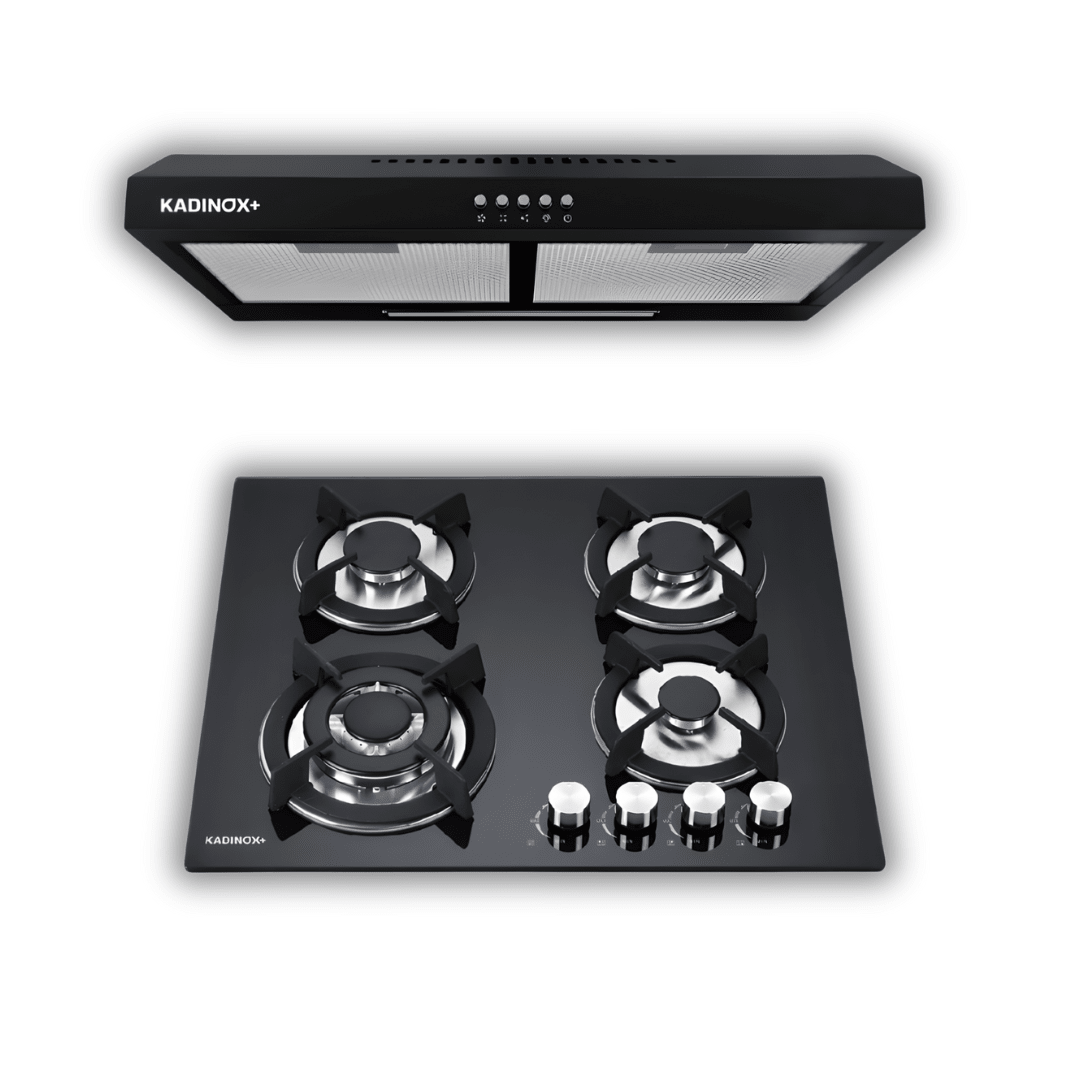 Combo Estufa Parrilla de Gas 4 Quemadores + Campana Extractora de Cocina 60 cm de Acero Inoxidable Negro | KADINOX - KADINOX