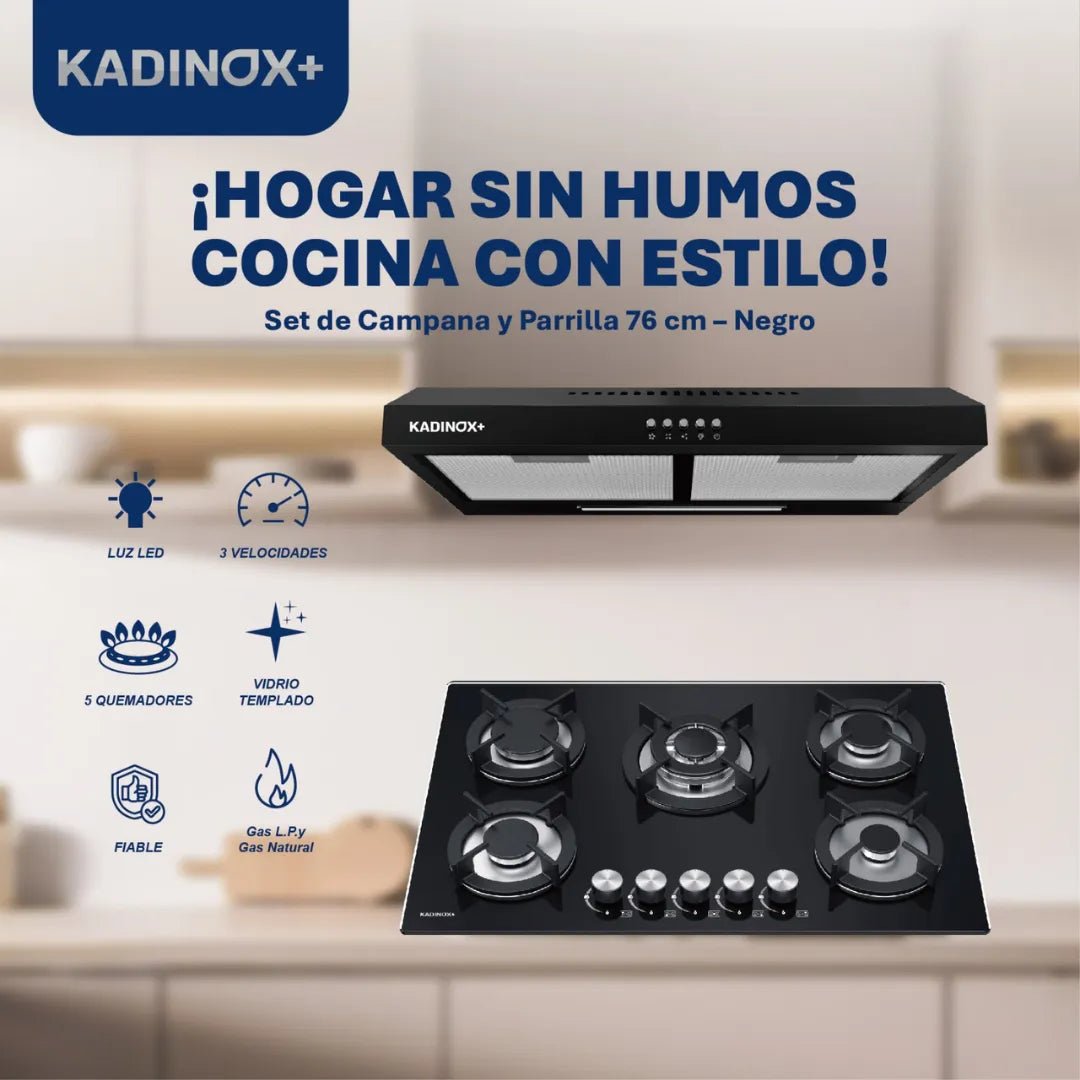 Combo Estufa Parrilla de Gas 5 Quemadores + Campana Extractora de Cocina 76 cm de Acero Inoxidable Negro | KADINOX - KADINOX