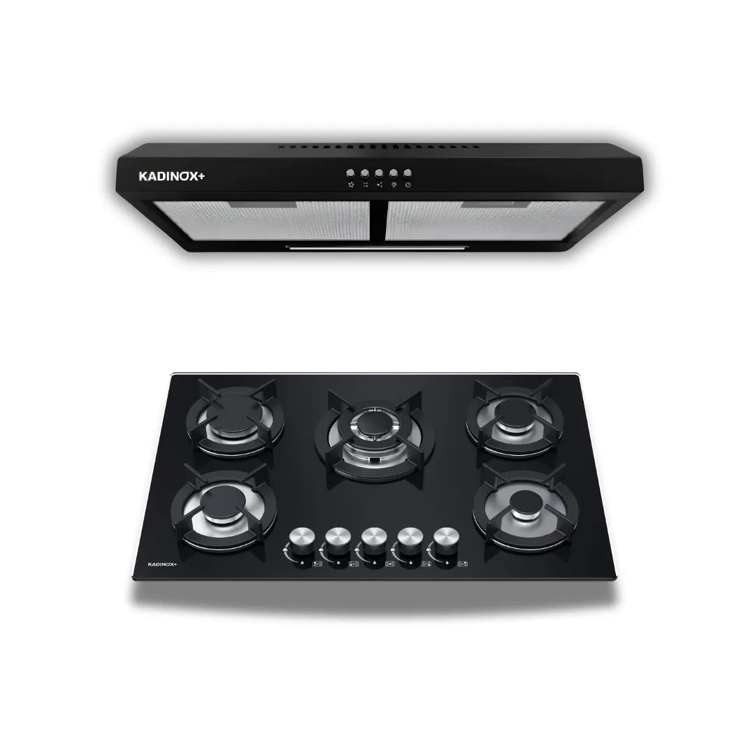 Combo Estufa Parrilla de Gas 5 Quemadores + Campana Extractora de Cocina 76 cm de Acero Inoxidable Negro | KADINOX - KADINOX