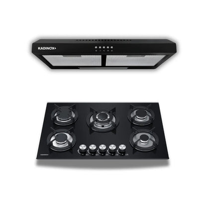 Combo Estufa Parrilla de Gas 5 Quemadores + Campana Extractora de Cocina 76 cm de Acero Inoxidable Negro | KADINOX - KADINOX
