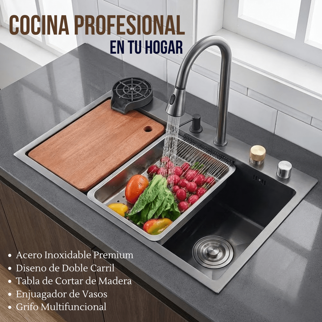 Fregadero Tarja Multifuncional Inteligente para Cocina de Acero Inoxidable Negro 75x45 cm con Mezcladora | KADINOX - KADINOX