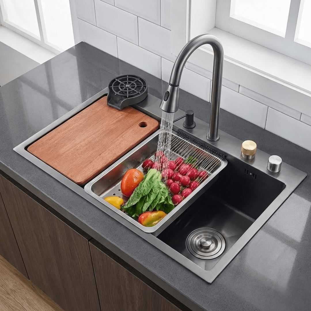 Fregadero Tarja Multifuncional Inteligente para Cocina de Acero Inoxidable Negro 75x45 cm con Mezcladora | KADINOX - KADINOX