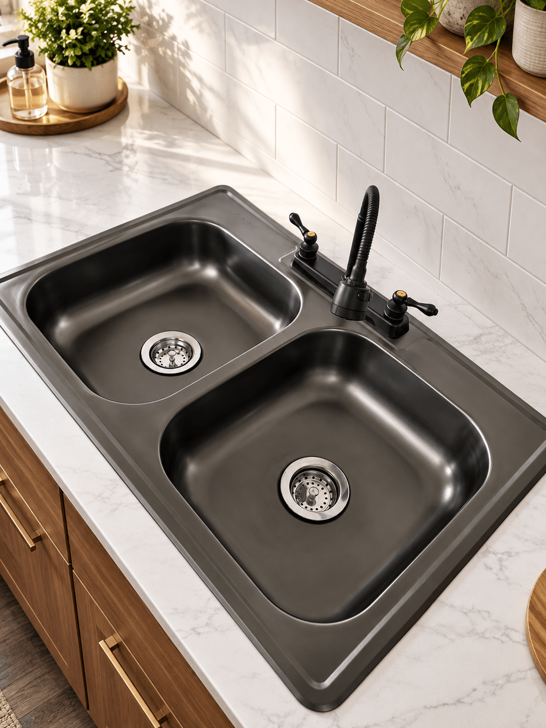 Fregadero Tarja para Cocina 84 x 48 x 15 cm Doble Tina de Acero Inoxidable con Kit Color Negro | KADINOX