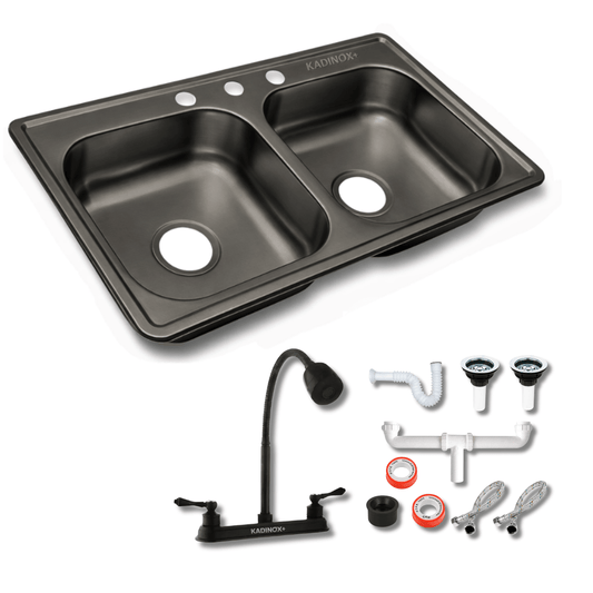 Fregadero Tarja para Cocina 84 x 48 x 15 cm Doble Tina de Acero Inoxidable con Kit Color Negro | KADINOX - KADINOX