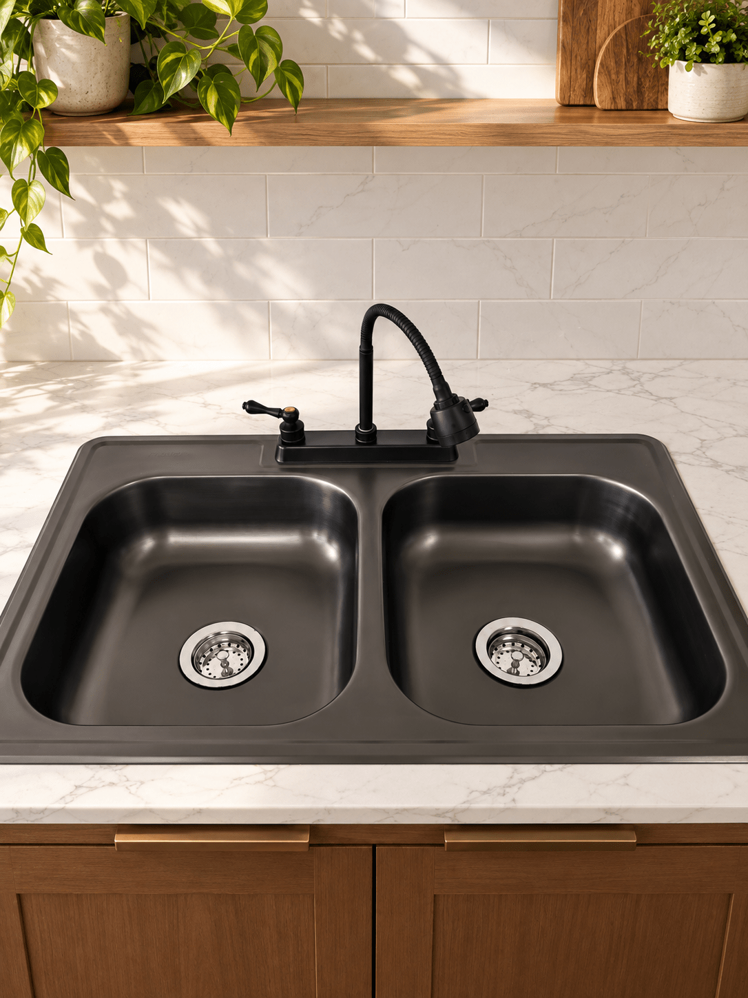 Fregadero Tarja para Cocina 84 x 48 x 15 cm Doble Tina de Acero Inoxidable con Kit Color Negro | KADINOX
