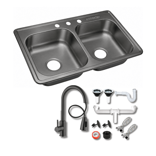 Fregadero Tarja para Cocina Color Negro de Doble Tina 84 x 48 cm de Acero Inoxidable con Kit y Mezcladora Premium | KADINOX - KADINOX