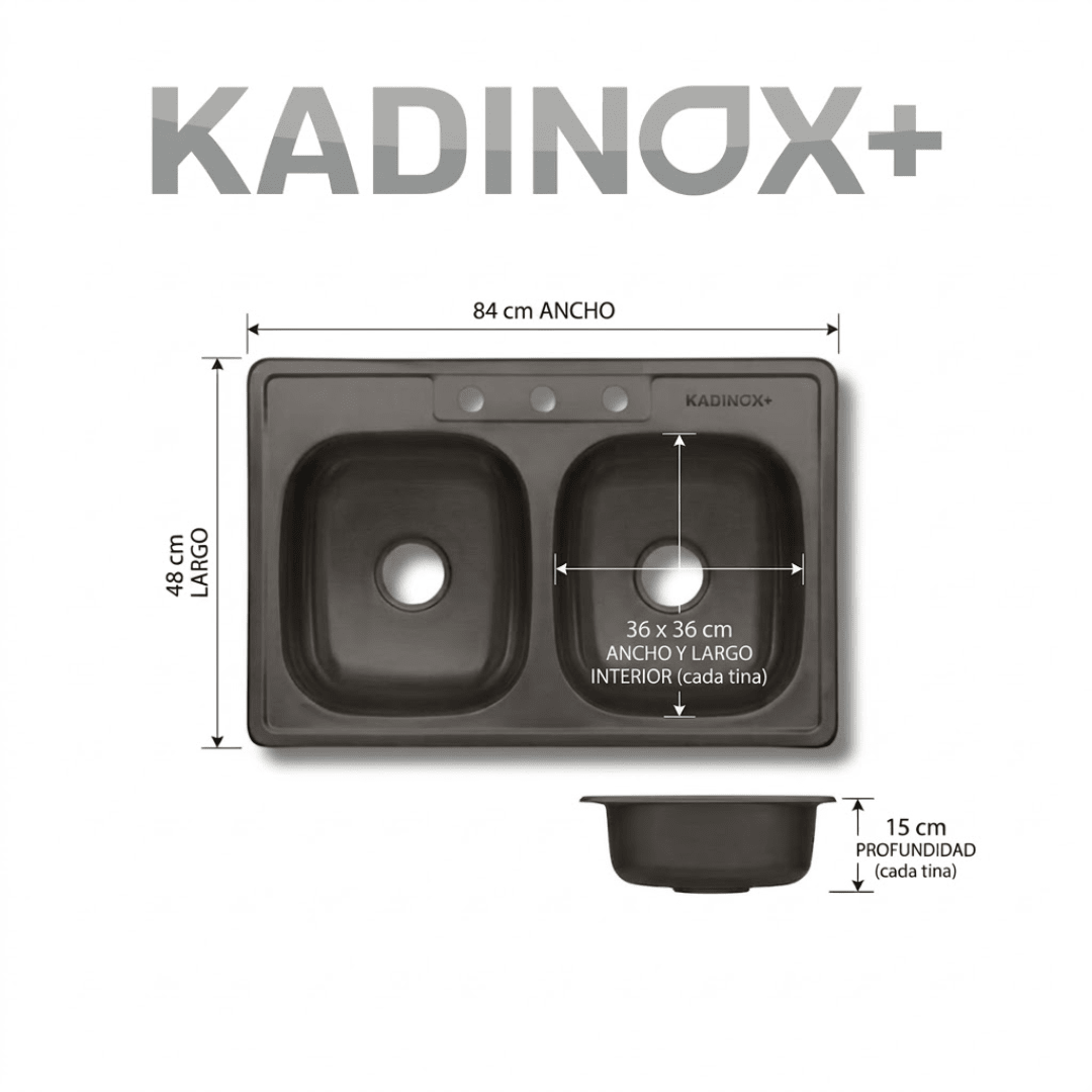 Fregadero Tarja para Cocina 84 x 48 x 15 cm Doble Tina de Acero Inoxidable con Kit Color Negro | KADINOX