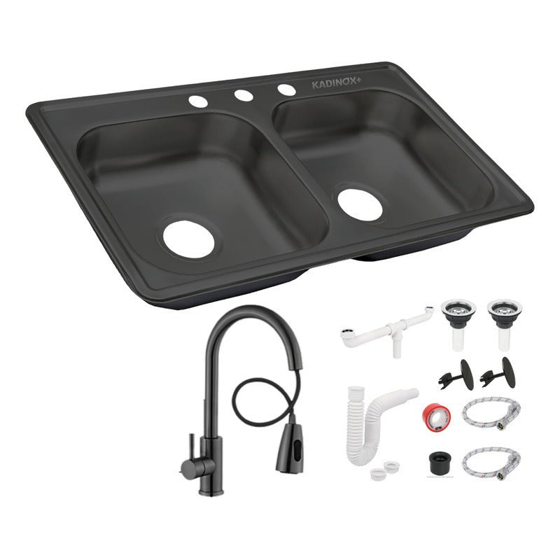 Fregadero Tarja para Cocina Color Negro de Doble Tina 84 x 48 cm de Acero Inoxidable con Kit y Mezcladora Premium | KADINOX - KADINOX