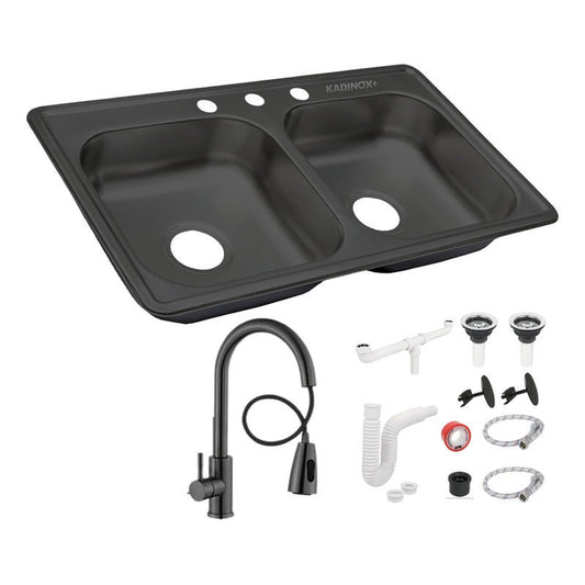 Fregadero Tarja para Cocina Color Negro de Doble Tina 84 x 48 cm de Acero Inoxidable con Kit y Mezcladora Premium | KADINOX - KADINOX