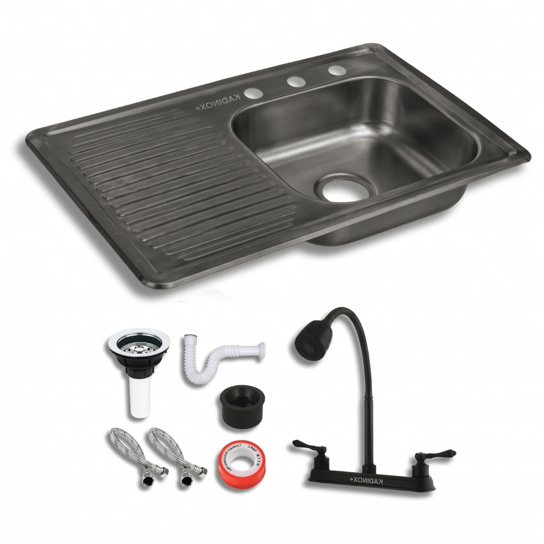 Fregadero Tarja para Cocina Color Negro Empotrable de Acero Inoxidable 80x50 cm con Kit y Mezcladora Flexible Negra | KADINOX