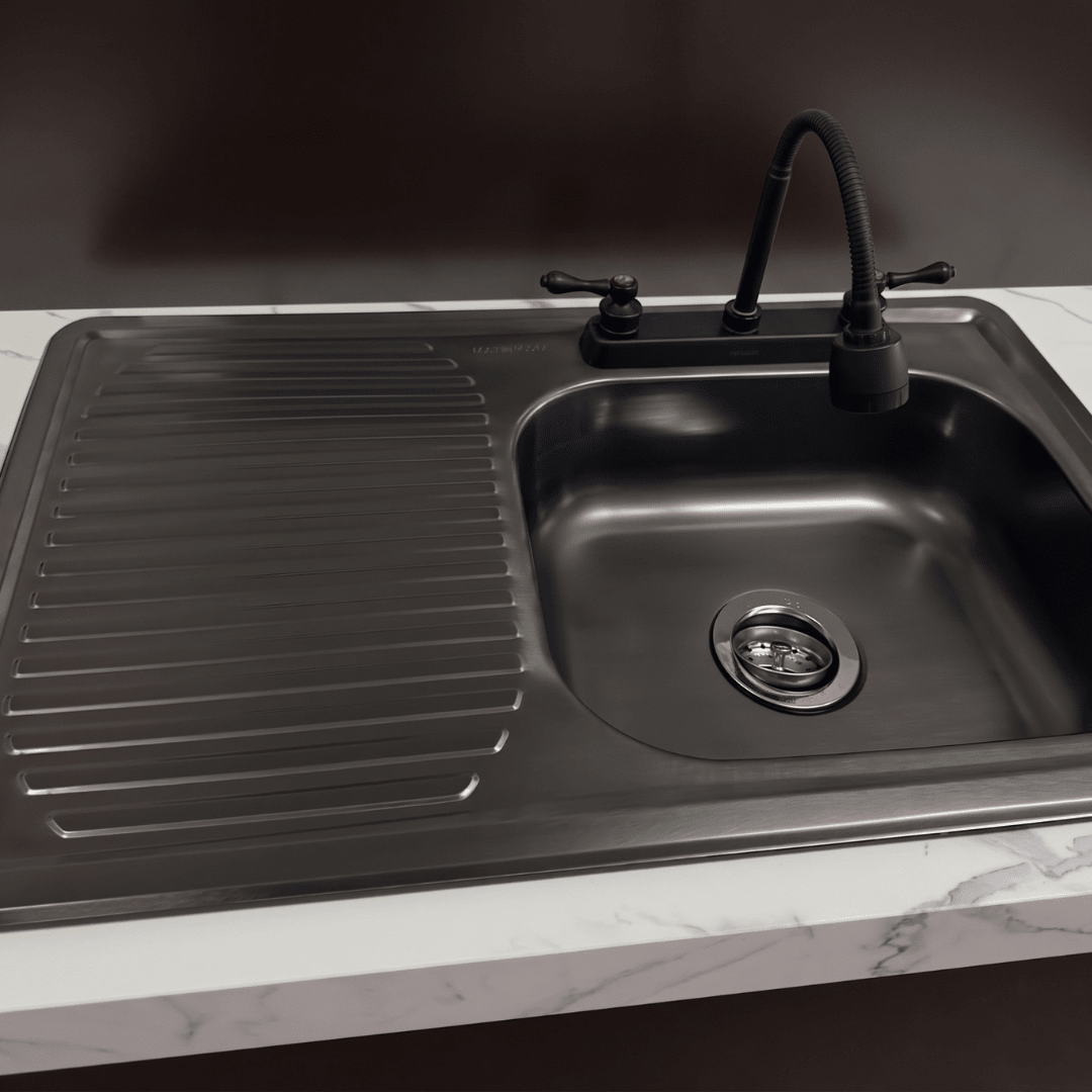 Fregadero Tarja para Cocina Color Negro Empotrable de Acero Inoxidable 80x50 cm con Kit y Mezcladora Flexible Negra | KADINOX