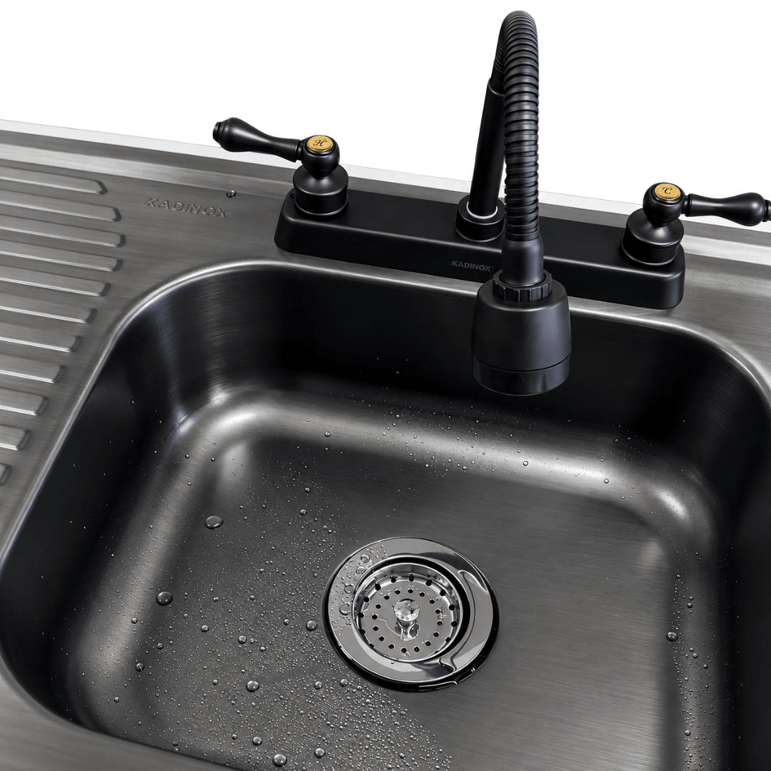 Fregadero Tarja para Cocina Color Negro Empotrable de Acero Inoxidable 80x50 cm con Kit y Mezcladora Flexible Negra | KADINOX