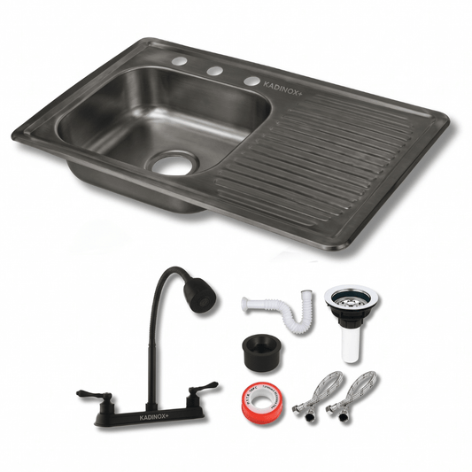 Fregadero Tarja para Cocina Color Negro Empotrable de Acero Inoxidable 80x50 cm con Kit y Mezcladora Flexible Negra | KADINOX - KADINOX