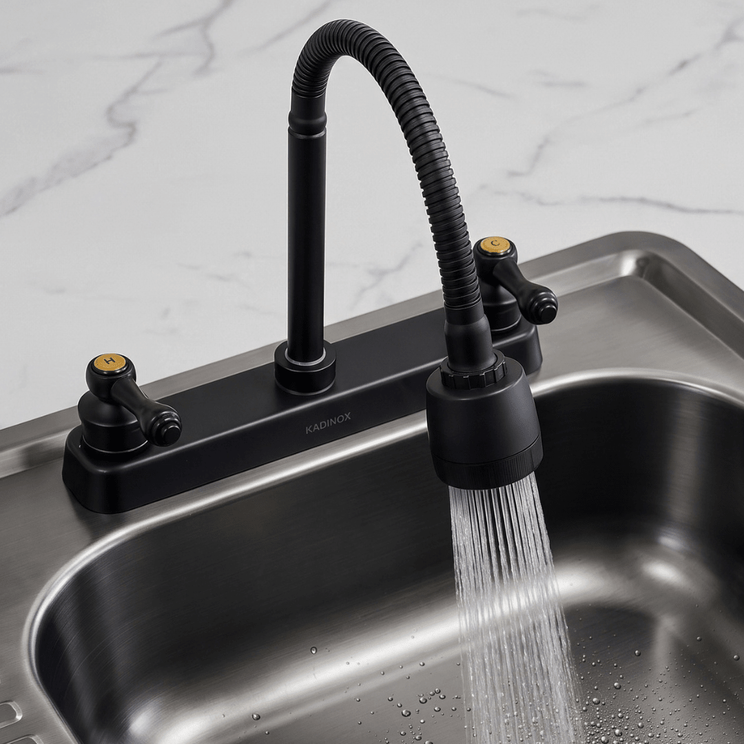 Fregadero Tarja para Cocina Color Negro Empotrable de Acero Inoxidable 80x50 cm con Kit y Mezcladora Flexible Negra | KADINOX