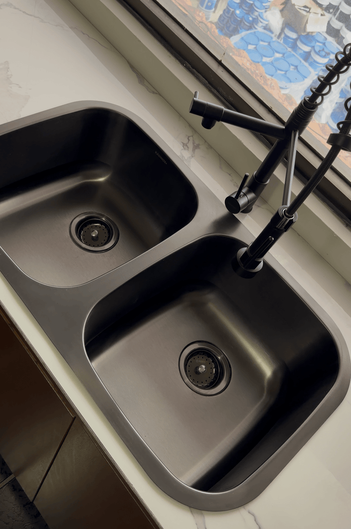 Fregadero Tarja para Cocina Doble 82 x 47 x 22 cm Tina Submontar de Acero Inoxidable Negro con Kit | KADINOX - KADINOX