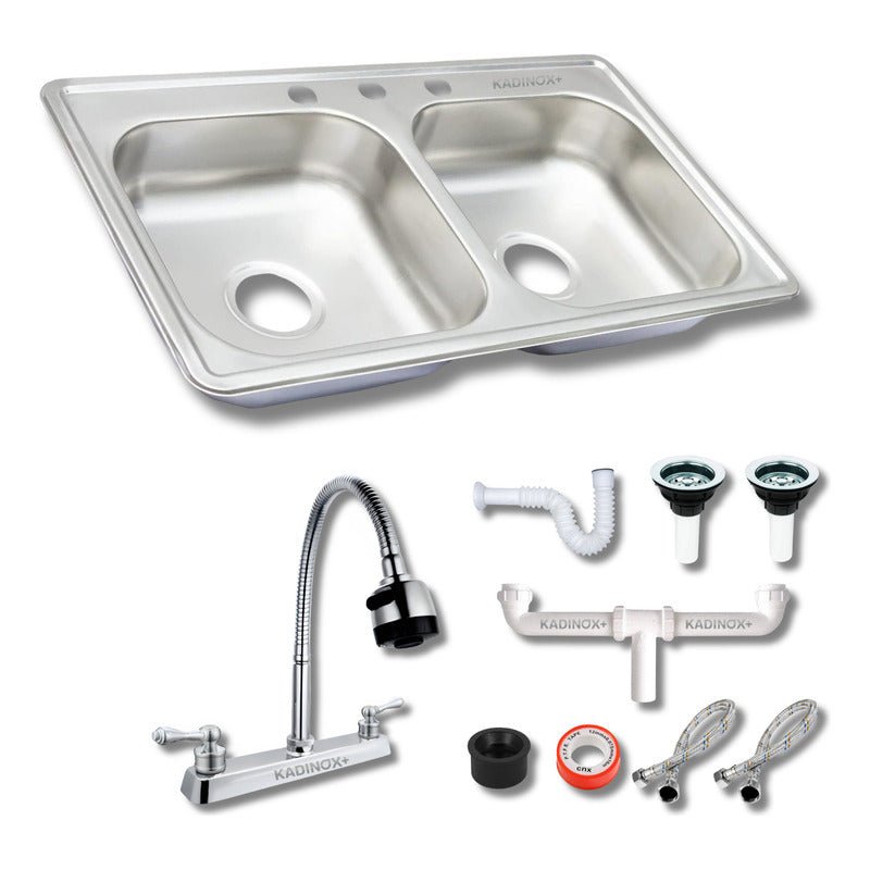Fregadero Tarja para Cocina Doble Tina de Acero Inoxidable 84x48 cm con Kit y Mezcladora Flexible | KADINOX - KADINOX