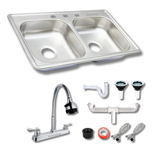 Fregadero Tarja para Cocina Doble Tina de Acero Inoxidable 84x48 cm con Kit y Mezcladora Flexible | KADINOX - KADINOX