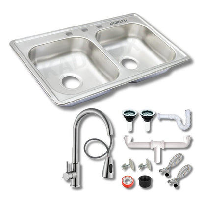 Fregadero Tarja para Cocina Doble Tina de Acero Inoxidable 84x48 cm con Kit y Mezcladora Premium | KADINOX - KADINOX