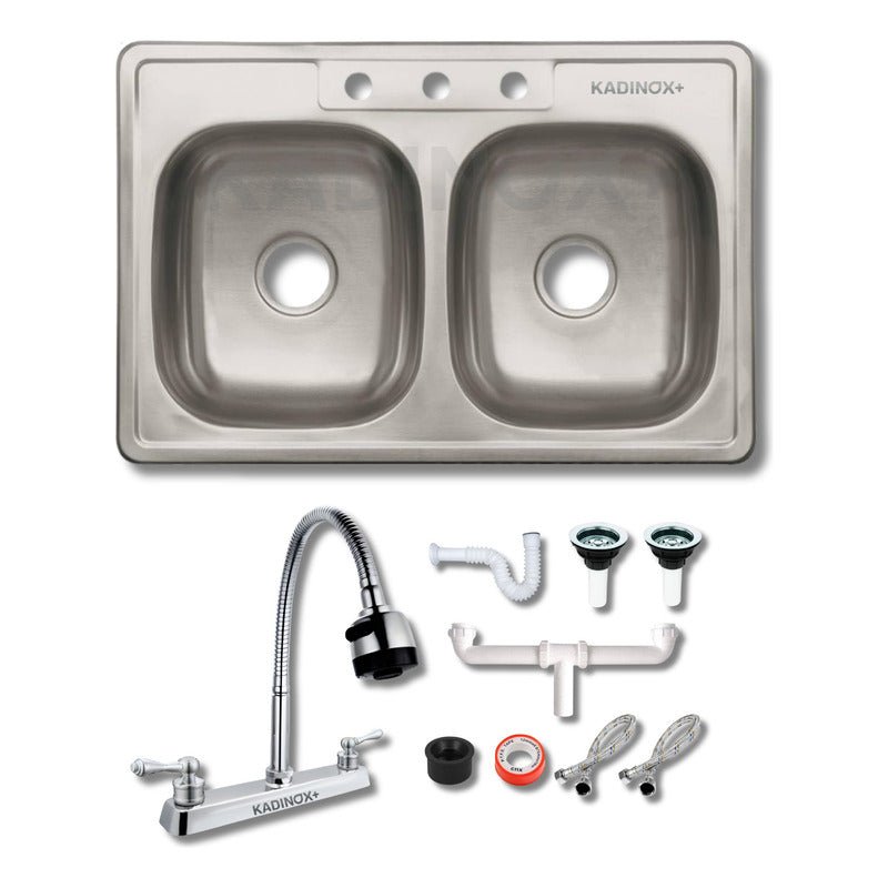 Fregadero Tarja para Cocina Doble Tina de Acero Inoxidable 84x56 cm con Kit y Mezcladora Flexible | KADINOX - KADINOX