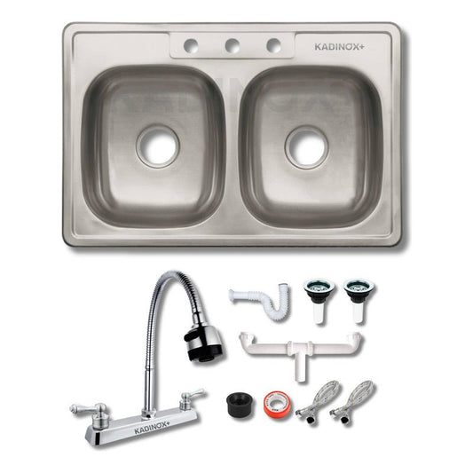 Fregadero Tarja para Cocina Doble Tina de Acero Inoxidable 84x56 cm con Kit y Mezcladora Flexible | KADINOX - KADINOX