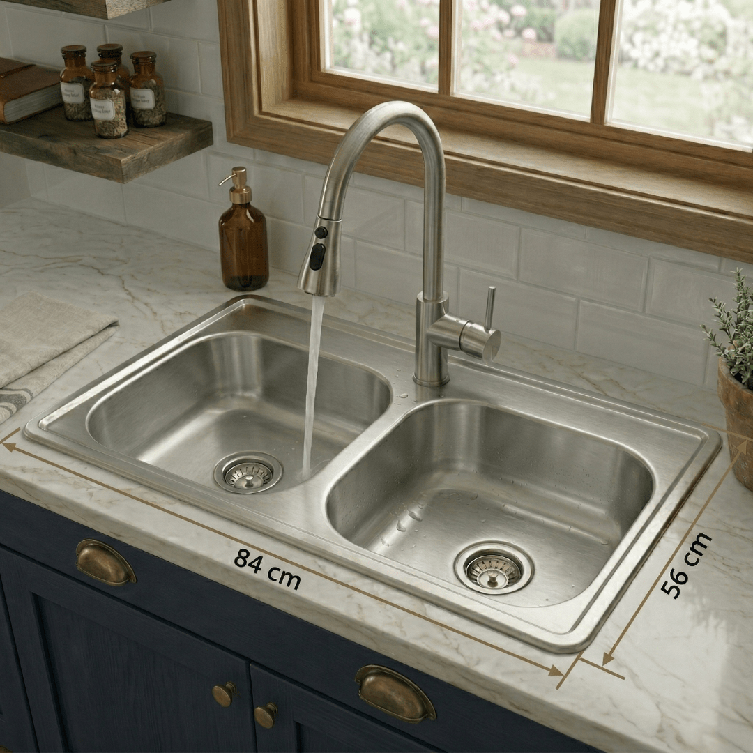 Fregadero Tarja para Cocina Doble Tina de Acero Inoxidable 84x56 cm con Kit y Mezcladora Premium | KADINOX - KADINOX