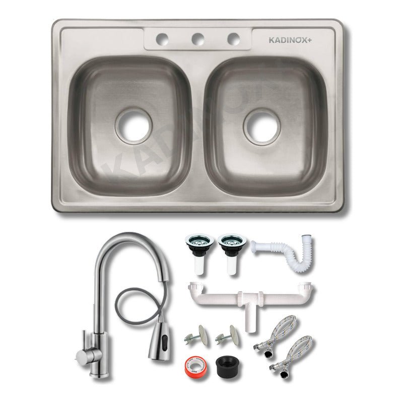 Fregadero Tarja para Cocina Doble Tina de Acero Inoxidable 84x56 cm con Kit y Mezcladora Premium | KADINOX - KADINOX