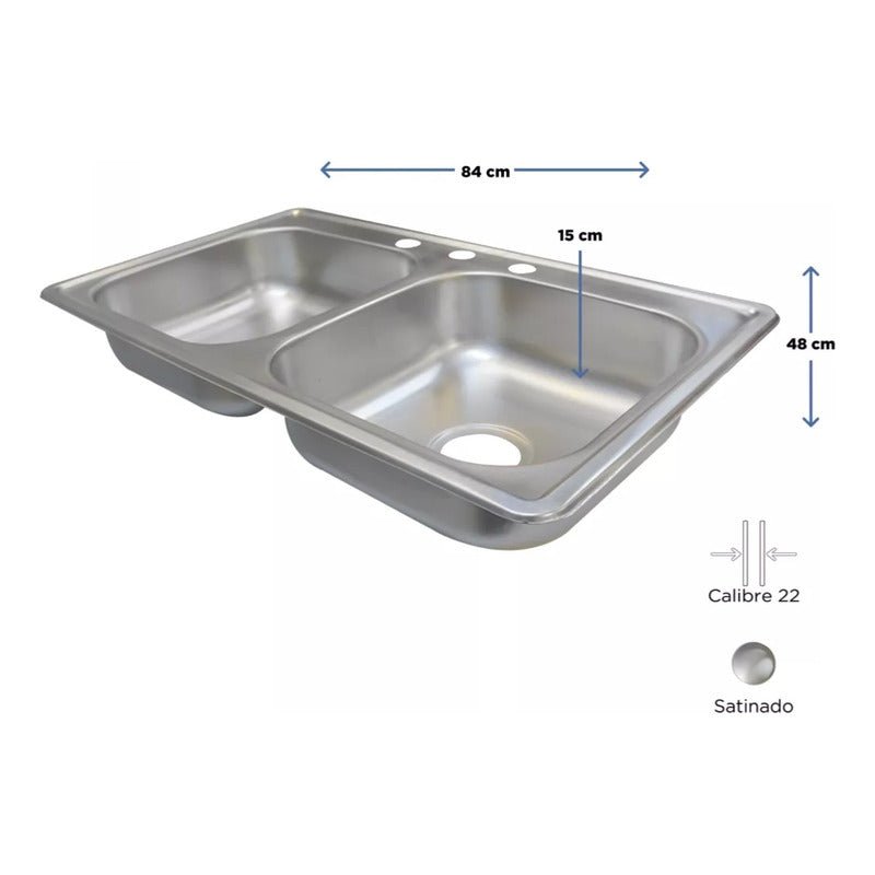 Fregadero Tarja para Cocina Doble Tina Empotrable de Acero Inoxidable 84x48 cm | KADINOX - KADINOX