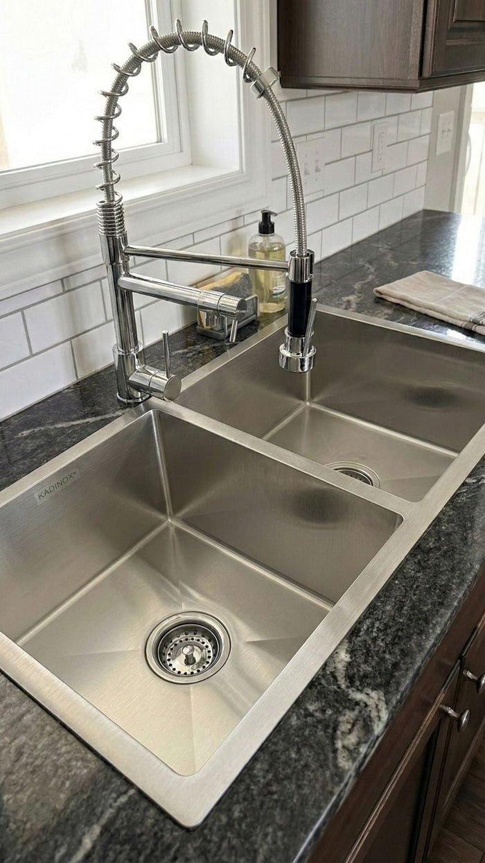 Fregadero Tarja para Cocina Doble Tina Submontar de Acero Inoxidable 82x47 cm Calibre 18 con Mezcladora 360° | KADINOX - KADINOX
