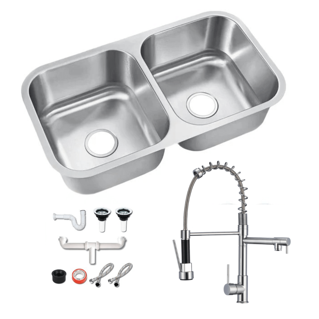 Fregadero Tarja para Cocina Doble Tina Submontar de Acero Inoxidable 82x47 cm Calibre 22 con Kit y Mezcladora 360° | KADINOX - KADINOX