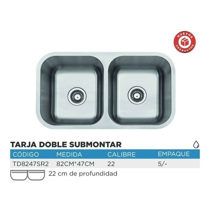 Fregadero Tarja para Cocina Doble Tina Submontar de Acero Inoxidable 82x47 cm con Kit y Mezcladora Premium | KADINOX - KADINOX