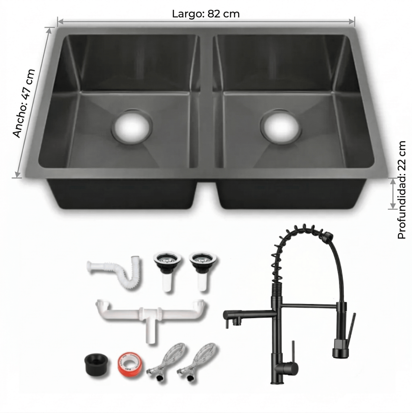 Fregadero Tarja para Cocina Doble Tina Submontar de Acero Inoxidable Negro 82x47 cm Calibre 18 con Mezcladora 360° | KADINOX - KADINOX