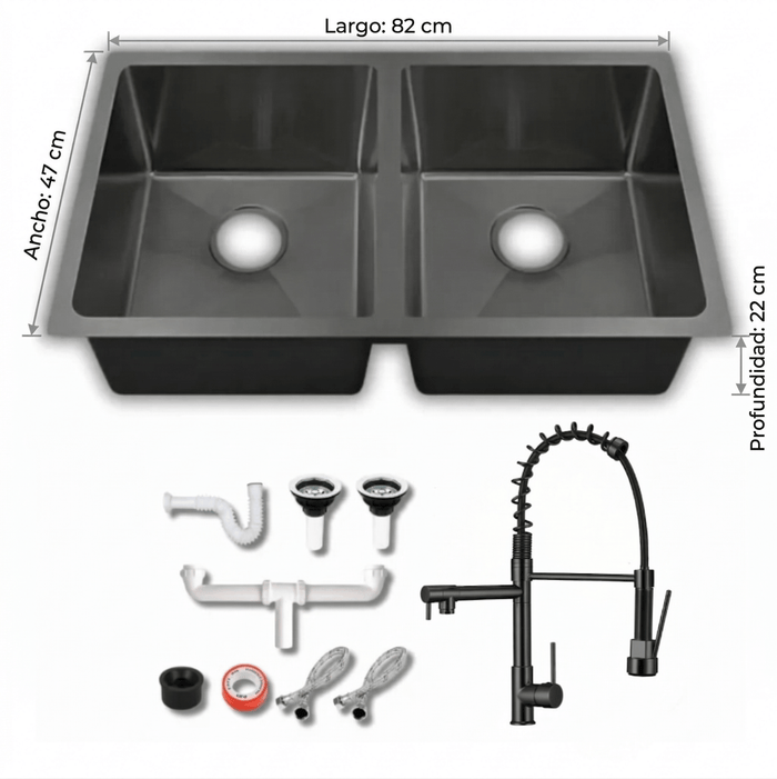 Fregadero Tarja para Cocina Doble Tina Submontar de Acero Inoxidable Negro 82x47 cm Calibre 18 con Mezcladora 360° | KADINOX - KADINOX