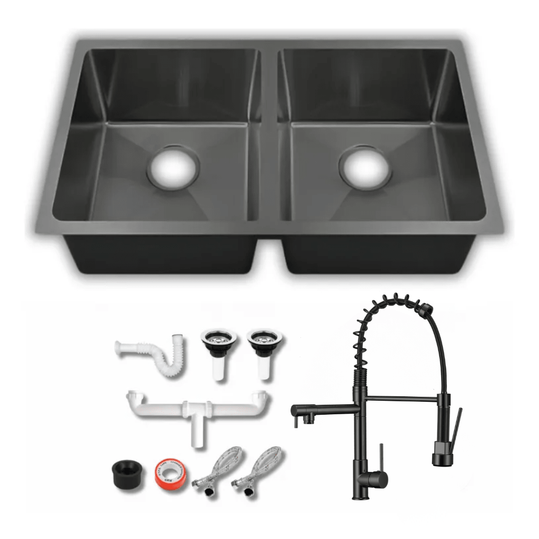 Fregadero Tarja para Cocina Doble Tina Submontar de Acero Inoxidable Negro 82x47 cm Calibre 18 con Mezcladora 360° | KADINOX - KADINOX