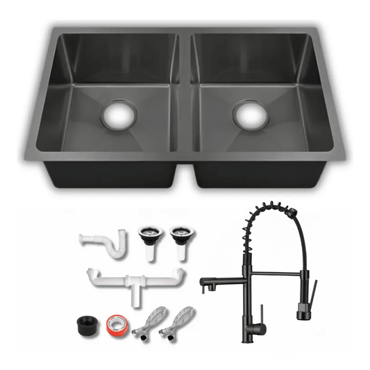 Fregadero Tarja para Cocina Doble Tina Submontar de Acero Inoxidable Negro 82x47 cm Calibre 18 con Mezcladora 360° | KADINOX - KADINOX