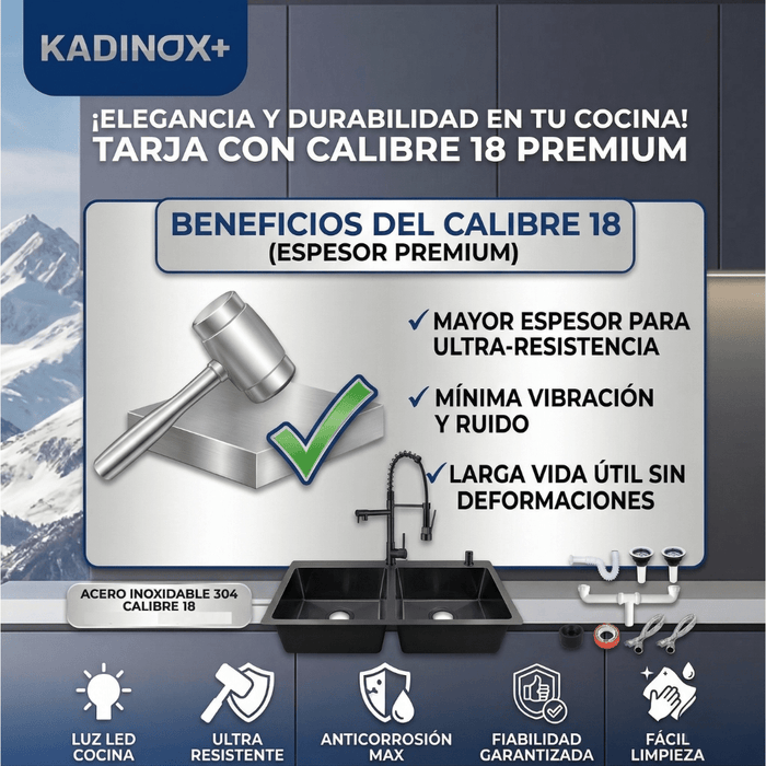 Fregadero Tarja para Cocina Doble Tina Submontar de Acero Inoxidable Negro 82x47 cm Calibre 18 con Mezcladora 360° | KADINOX - KADINOX