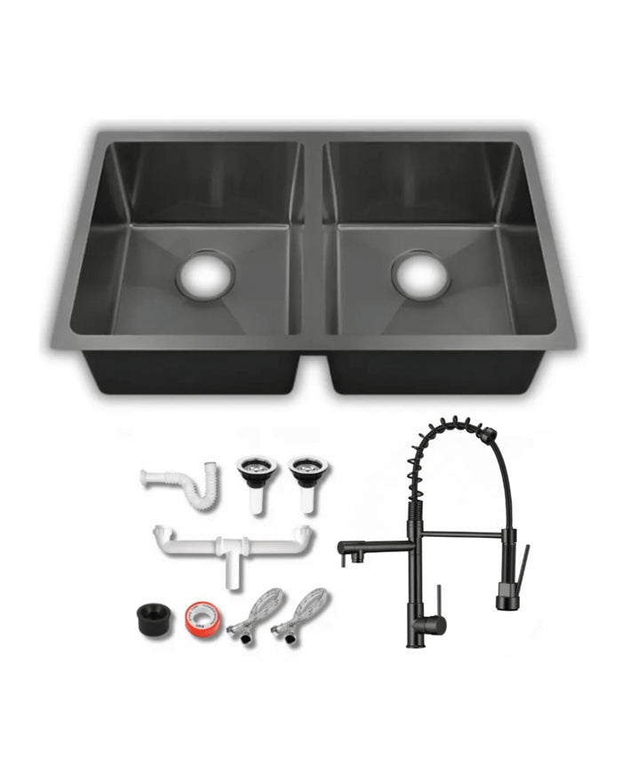 Fregadero Tarja para Cocina Doble Tina Submontar de Acero Inoxidable Negro 82x47 cm Calibre 18 con Mezcladora 360° | KADINOX - KADINOX