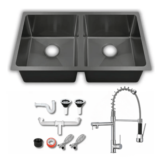 Fregadero Tarja para Cocina Doble Tina Submontar de Acero Inoxidable Negro 82x47 cm Calibre 18 con Mezcladora 360° | KADINOX - KADINOX